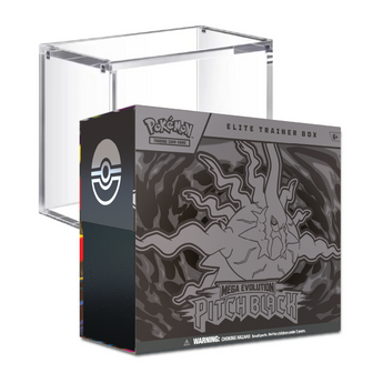 Pokémon Trading Card Game Elite Trainer Box for Mega Evolution Pitchfork, shown with its illustrated packaging and a clear acrylic display case on a white background.