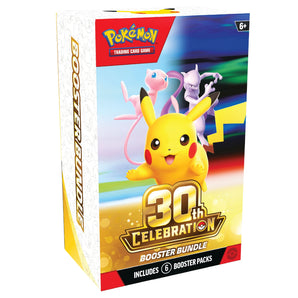 Pokémon Trading Card Game 30th Celebration Booster Bundle box, featuring Pikachu, Mew, and Eevee on the front with a colorful gradient background.