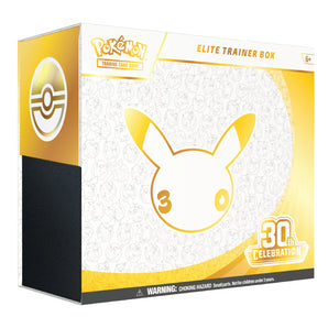 Pokémon Elite Trainer Box 30th Celebration edition trading card box packaging, featuring a white and gold Pikachu design with a black side panel.