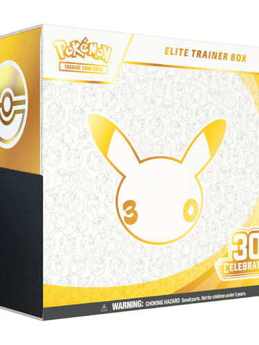 Pokémon Elite Trainer Box 30th Celebration edition trading card box packaging, featuring a white and gold Pikachu design with a black side panel.