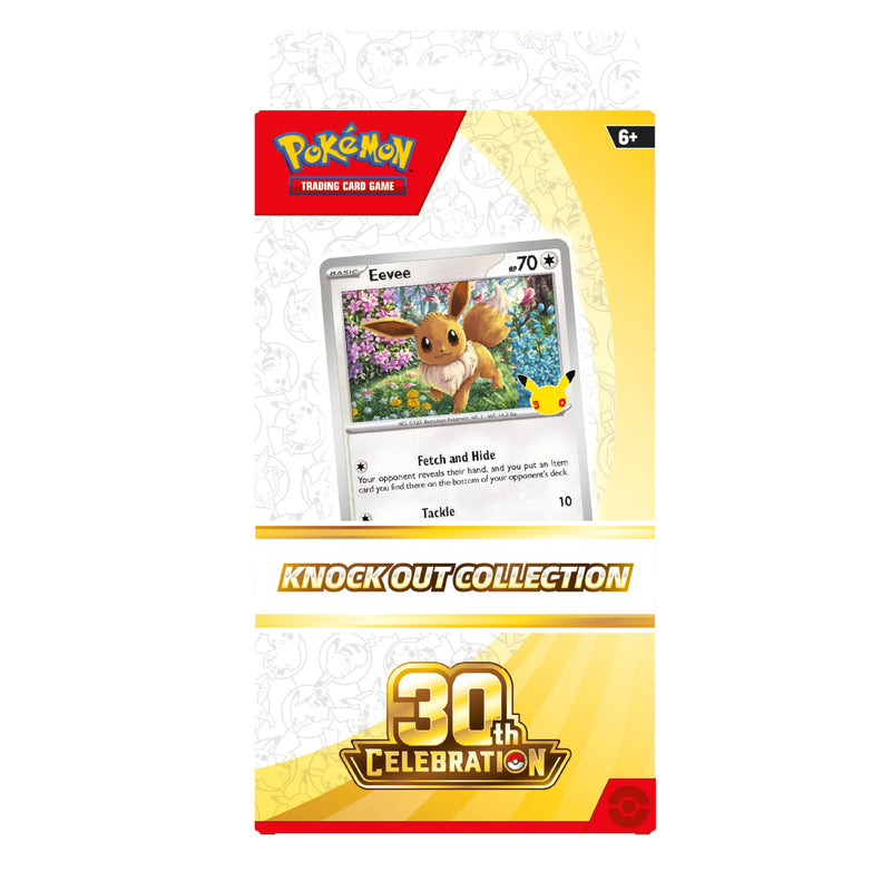 Pokémon Trading Card Game Knockout Collection 30th Celebration card pack featuring the Eevee card, shown on a white background.