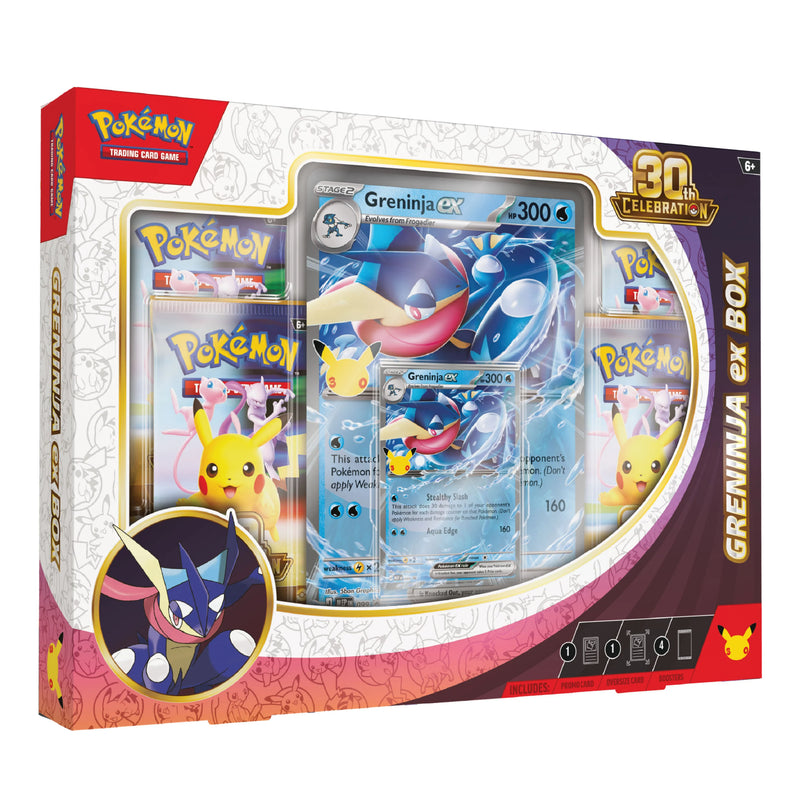 Pokémon Greninja ex Box trading card set box with visible trading card pack and card insert on a plain white background.