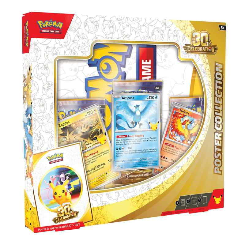 Pokémon Trading Card Game 30th Anniversary Poster Collection box, featuring a large clear window displaying sample holographic cards and promotional artwork on a white background.