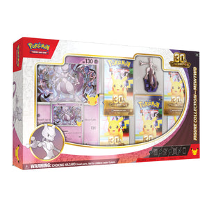 Pokémon Trading Card Game 30th Anniversary Figure Collection - Mewtwo box set, featuring a display window with cards, a Mewtwo figure, and collectible cards on a white background.