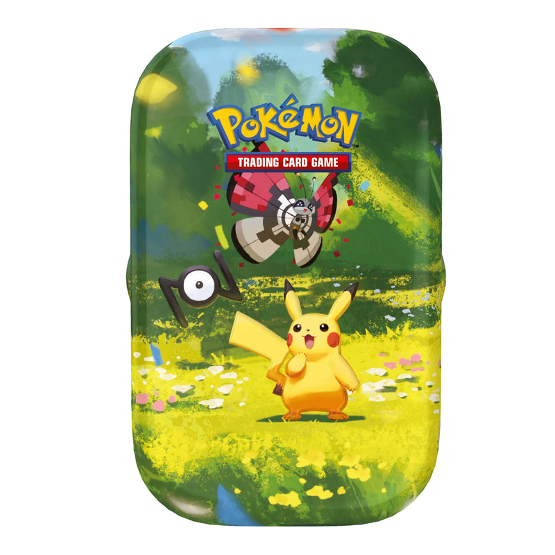 Pokémon trading card game packaging with Pikachu and Poké Ball design on a grassy field background.