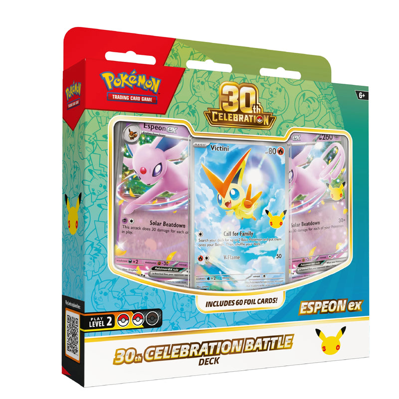 Pokémon Trading Card Game 30th Celebration Battle Deck box featuring three Espeon ex cards visible through a clear window on the front.