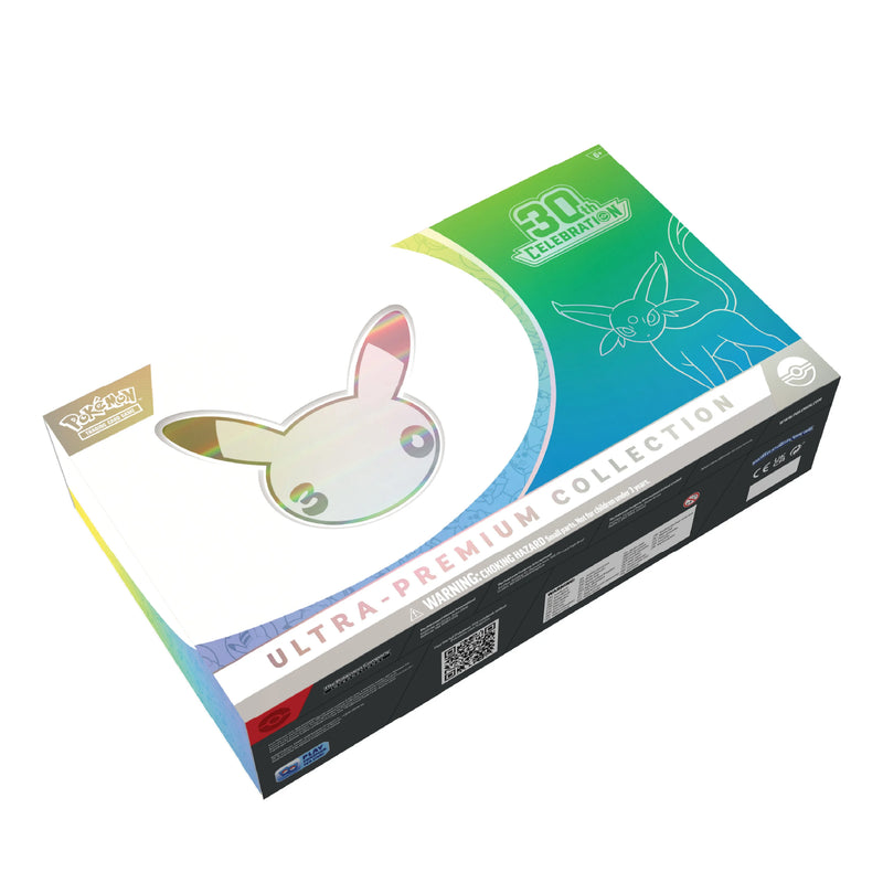 Pokémon Ultra-Premium Collection 30 Paldean Moonlight MEGA TCG card box, featuring a white, teal, and green gradient design with Paldean Eevee graphics.