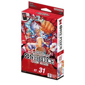 One Piece Card Game ST 31 Monkey D. Luffy starter deck box, featuring vibrant red packaging with detailed character illustrations and official branding.