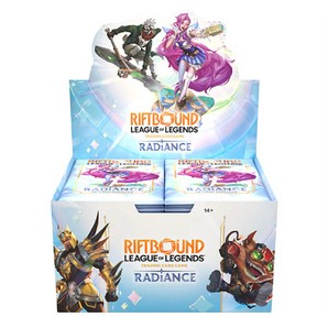 Riftbound League of Legends Radiance trading card game packaging with characters on a white background