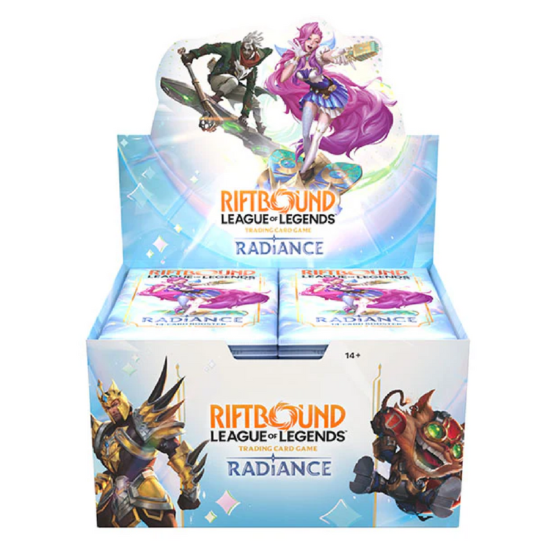 Riftbound League of Legends Radiance trading card game packaging with characters on a white background