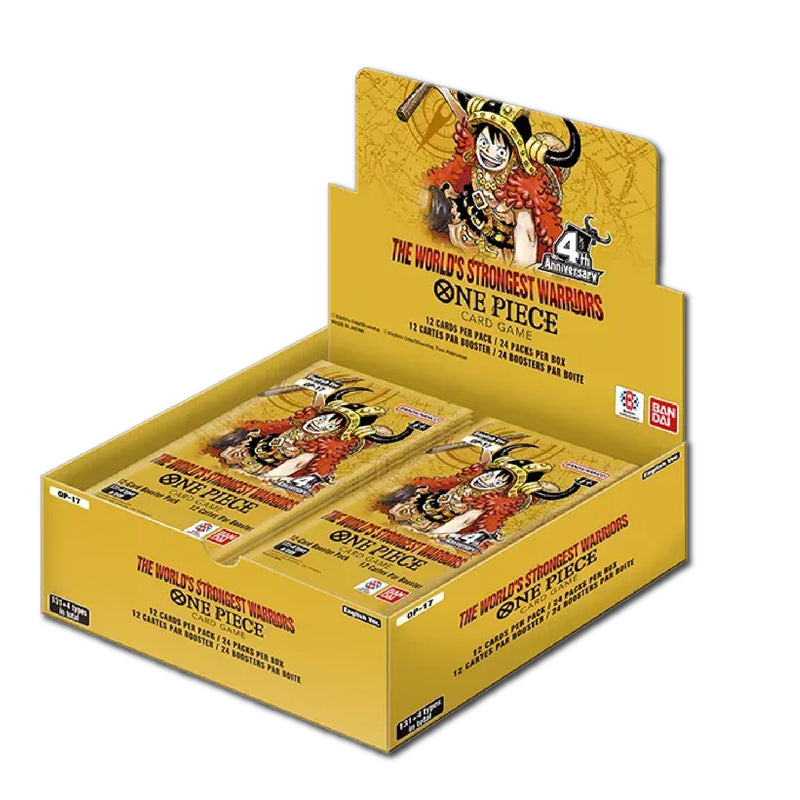 A yellow and gold display box of One Piece Card Game booster packs, featuring the character Roronoa Zoro on the packaging, with several individual booster packs visible inside.